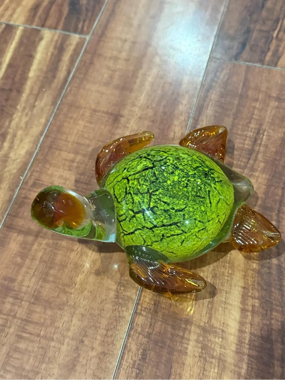 Glass Turtle Figurine - Green and Amber Decorative Accent